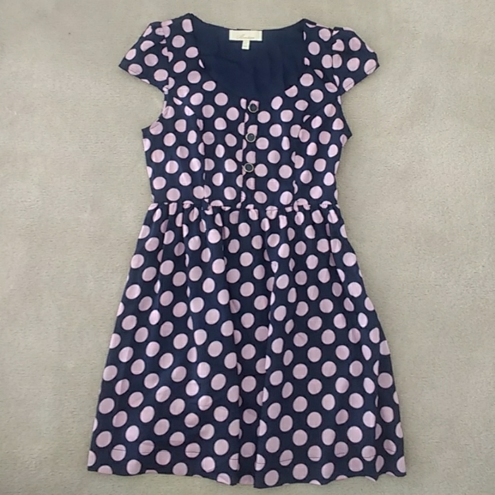 Monteau Mod Polka Dot Navy Button Down Dress